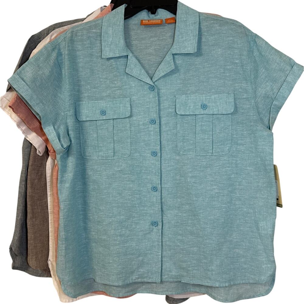 NWT Reel Legends Large Maui Blue Button Up Linen, Cotton Shirt W Breast Pockets